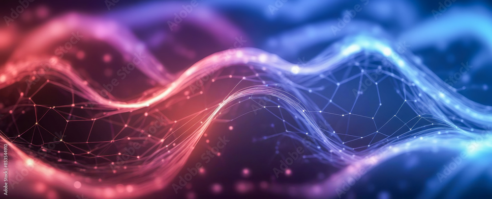 Poster abstract design showcasing flowing waves with connected dots and lines on vibrant blue to pink gradi