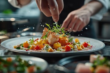 Chef Garnishing Gourmet Dish with Fresh Herbs and Vegetables in a Modern Kitchen Setting