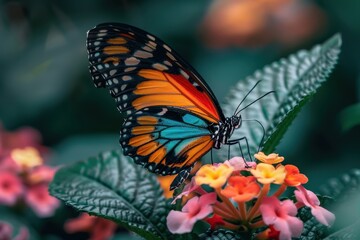 Fototapeta premium Vibrant Butterfly Resting on Colorful Flowers in a Lush Garden Setting with Green Foliage