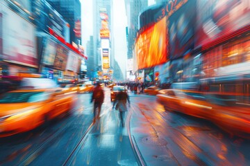 Vibrant City Street with Blurred Motion of Yellow Taxis and Pedestrians in Times Square at Night
