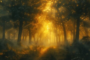 Obraz premium Enchanting Forest with Golden Sunlight Filtering Through Trees Creating a Mystical and Serene Atmosphere