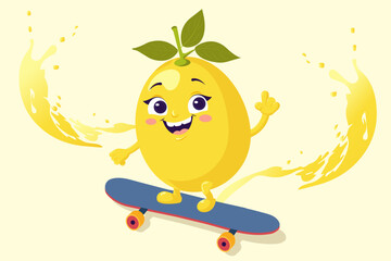 Vector illustration of a cheerful laughing lemon cartoon character riding a skateboard, pointing his finger at something. 

