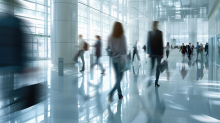 Blurred business people walking in the office corridor. blurred business people at a trade fair, generative ai