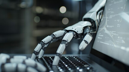 Typing on laptop with robotic hand