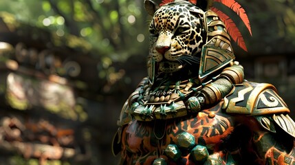 Elaborate Jaguar Warrior with Painted Body Armor in Lush Jungle Setting