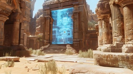 Enigmatic Ancient Temple with Holographic Alien Map Display