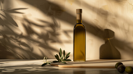 Bottle of extra virgin olive oil with olives on concrete background