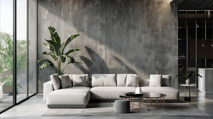 Modern living room interior in loft industrial style with furniture