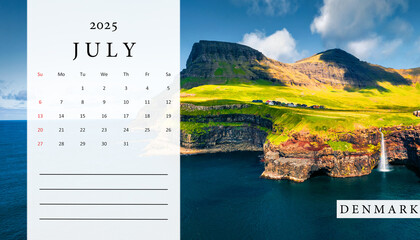 Set of horizontal flip calendars with beautiful landscapes. july 2025. Attractive morning scene of...