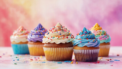 A whimsical watercolor ink painting of colorful cupcakes with sprinkles, set against a softly blurred candyland background, Generative AI