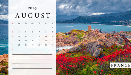 Set of horizontal flip calendars with beautiful landscapes. August 2025. Blooming red flowers on de la Pietra cape with Genoise de la Pietra a L'ile-Rousse tower on background, Corsica, France..