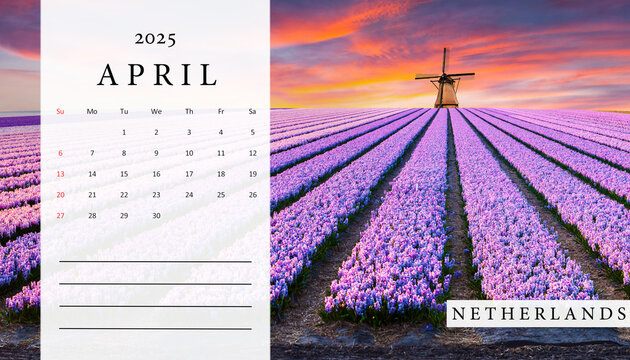 Set of horizontal flip calendars with beautiful landscapes. April 2025. Colorful spring scene of flowers farm. Amazing sunset in Netherlands, Europe. Fields of blooming hyacinth flowers in Holland..