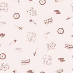 camp seamless pattern. hand drawn doodle. vector, scandinavian, minimalism, monochrome.
