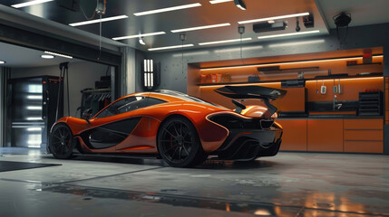 Fototapeta premium Supercar Displayed in Stylish and Clean Garage Interior