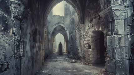 Obraz premium Ghostly Figure Passing Through Abandoned Medieval Castle Archway