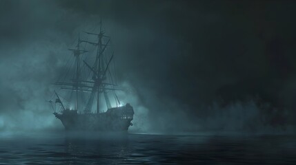 Ghostly Phantom Ship Sailing Through Misty Nighttime Sea