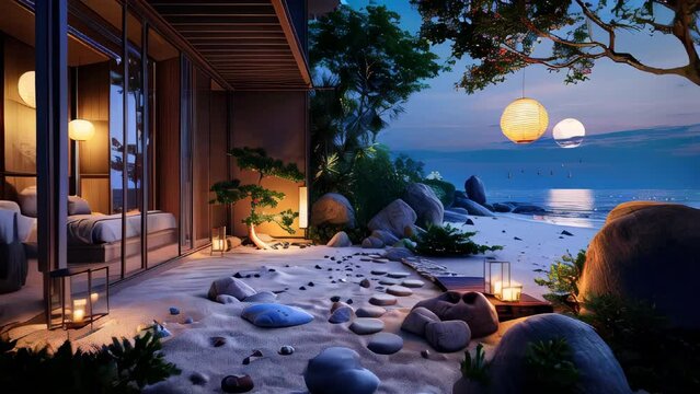 A beach house with candles and lanterns under moonlight, romantic atmosphere