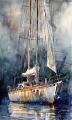 A watercolor painting of an ancient sailboat floating at sea and about to be decommissioned.
 Use for phone wallpapers, posters, postcards, brochures.