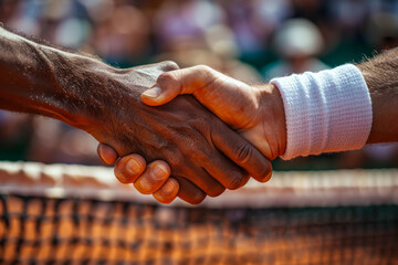 Close-up of a handshake over a tennis net, symbolizing sportsmanship and unity. The diverse hands emphasize equality and mutual respect in sports.