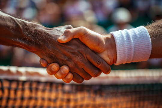 Close-up of a handshake over a tennis net, symbolizing sportsmanship and unity. The diverse hands emphasize equality and mutual respect in sports.