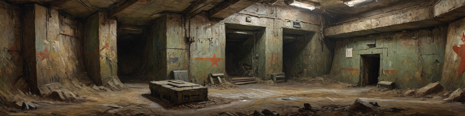 A bold oil painting with dense, layered paint depicting a Soviet-era underground bunker complex, highlighting its monumental scale and military functionality, Generative AI