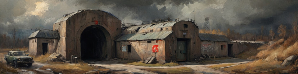 Fototapeta na wymiar A striking oil painting with expressive, thick strokes of a fortified Soviet atomic shelter entrance, capturing the ominous atmosphere and rugged construction, Generative AI