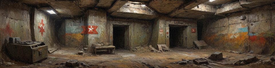 Obraz premium A bold oil painting with dense, layered paint depicting a Soviet-era underground bunker complex, highlighting its monumental scale and military functionality, Generative AI