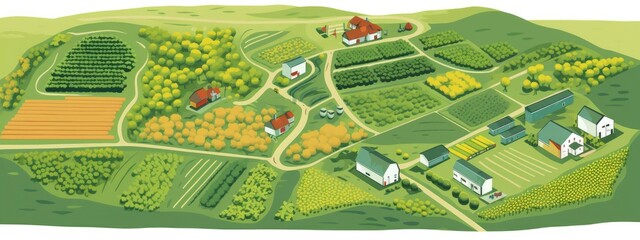 Obraz premium top view of green farm. Cartoon illustration.