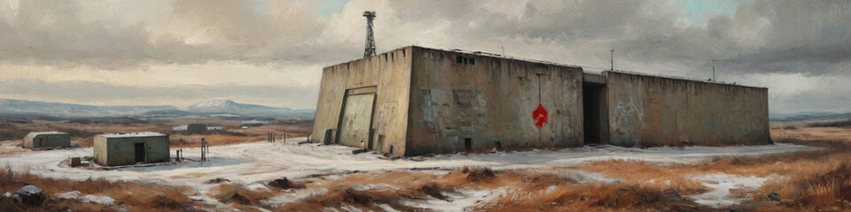 An evocative oil painting with heavy, impasto strokes of a Cold War-era nuclear bunker situated in a vast, desolate terrain, highlighting its massive scale and stark surroundings, Generative AI