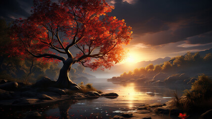 Contemporary Scene Of Big Tree With Sun Rays Breaking Through The Red Leaves Landscape Background