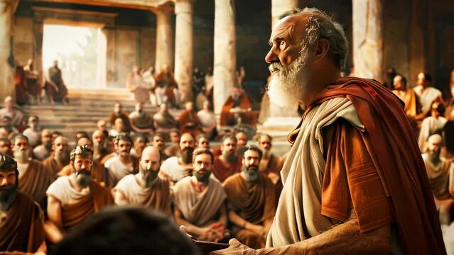 Ancient philosophers speaking to audience in a historical setting