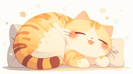 A cartoon cat is sleeping on a pillow