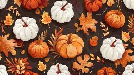 A pattern of pumpkins and leaves on a black background