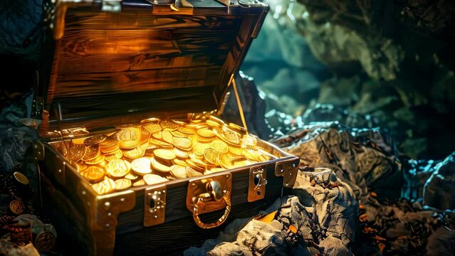 An old wooden treasure chest with gold coins in a hidden cave