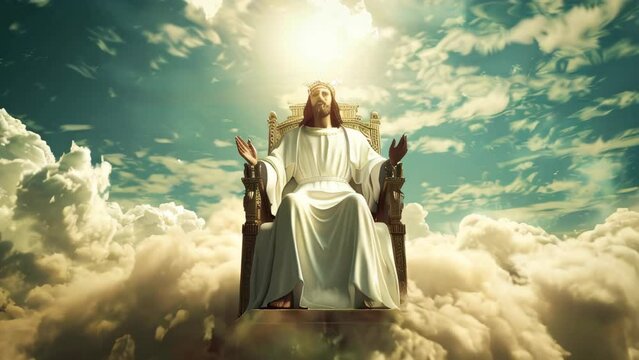 Jesus Christ sitting on a throne in heaven, surrounded by white clouds