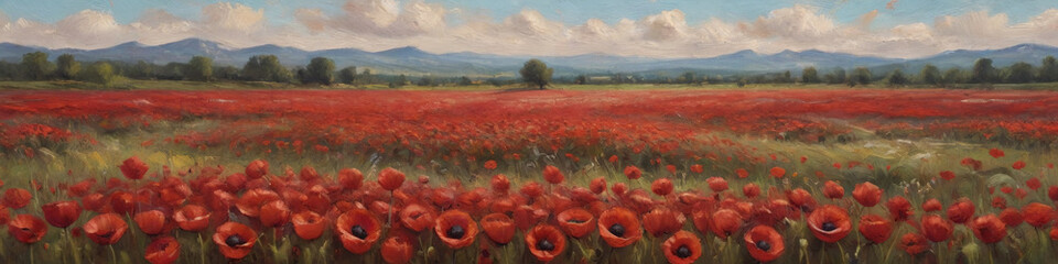 An expressive oil painting of a field of poppies, with rich, bold red petals layered thickly, creating a sense of depth and movement in the open landscape, Generative AI