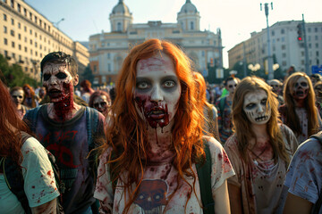 Horde of zombies walking on the street.