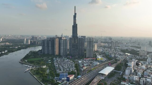 Tallest building Vietnam, city skyline, transport routes, river water