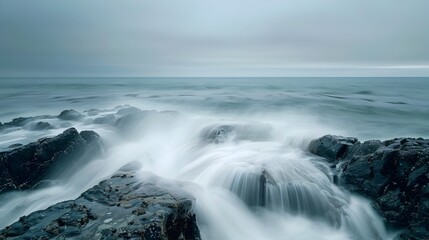 Fototapeta premium Misty Ocean Waves Crashing Against Rugged Coastal Rocks in Long Exposure Seascape