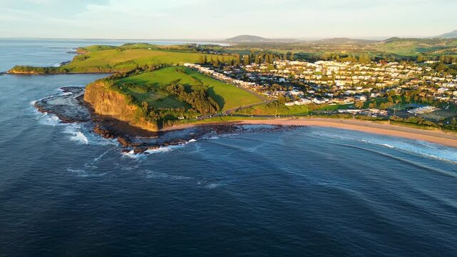 Landscape view of cliff face headland of Gerringong main town suburbs residential housing Pacific ocean South Coast Kiama Australia travel tourism