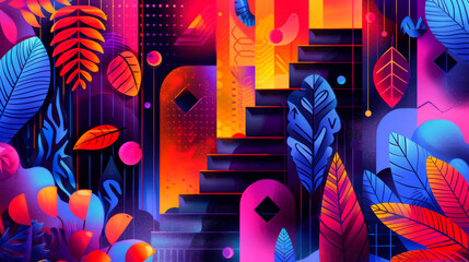 A vivid abstract design with leaf motifs and steps, representing academic growth and progress through a spectrum of colors.