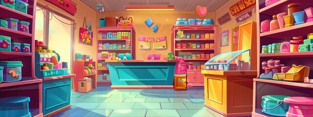 Naklejka premium The interior of the store with toys for kids. Cartoon illustration.