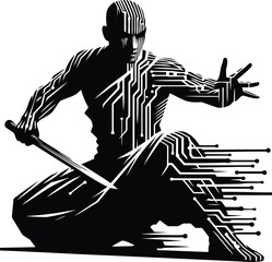 monk shaolin warrior silhouete with cyberpunk pattern illustration