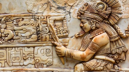 Mystical Mayan Scribe Carving Glyphs on Codex Stone Artifact