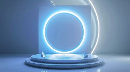 Podium background 3D light tech stage future platform game abstract. Podium 3D background technology room product circle glow effect portal stand studio scene white design ring modern display space 