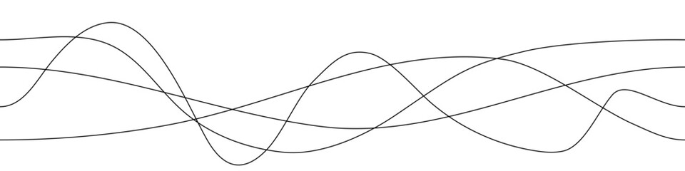 Curve line bg pattern. Thin undulate and wiggly wave seamless background. Abstract curvy element vector. Elegant linear wiggle. Sea water organic waveform. Doodle dynamic divider. Black flat strip