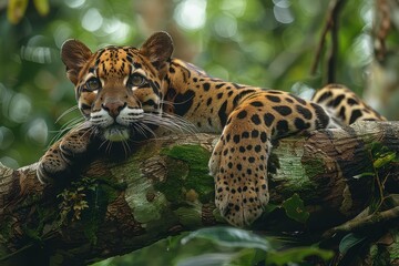 Fototapeta premium A clouded leopard resting on a tree branch in a dense rainforest, its beautiful, cloud-like spots and graceful posture showcased in the dappled sunlight. 
