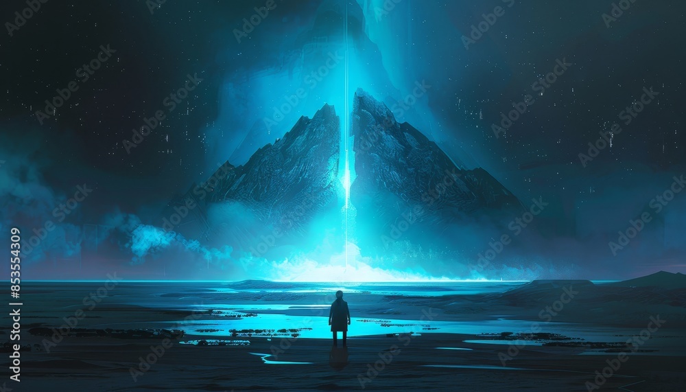 Sticker a man stands on a beach looking out at a mountain by ai generated image