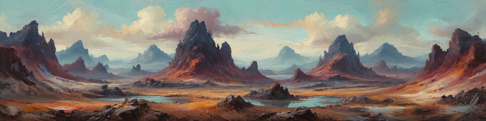 Fototapeta premium Bizarre landscapes filled with otherworldly forms take shape under heavy oil strokes, blurring the line between dream and reality, Generative AI