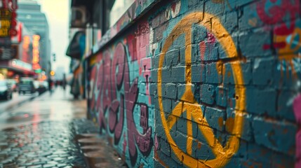 A colorful peace sign graffiti mural painted on a brick wall in a city alleyway